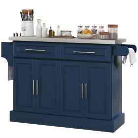 HOMCOM Rollable Kitchen Island with Stainless Steel Top, 2 Drawers, Spice, Knife and Towel Rack and Cabinets, Navy Blue