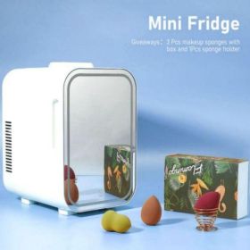 Mini Fridge 8L Portable Beauty Makeup Skincare Fridge Cosmetic LED Mirror Refrigerator with 3pcs Makeup Sponge